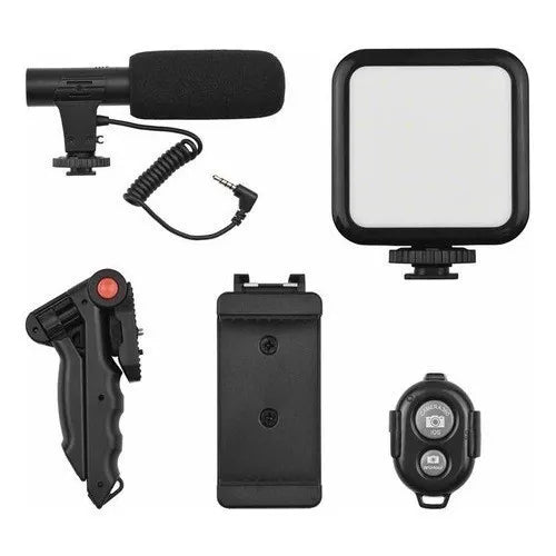 Kit Estabilizador 5 em 1 p/ Celular: Gimbal, Tripé, Microfone e Luz LED