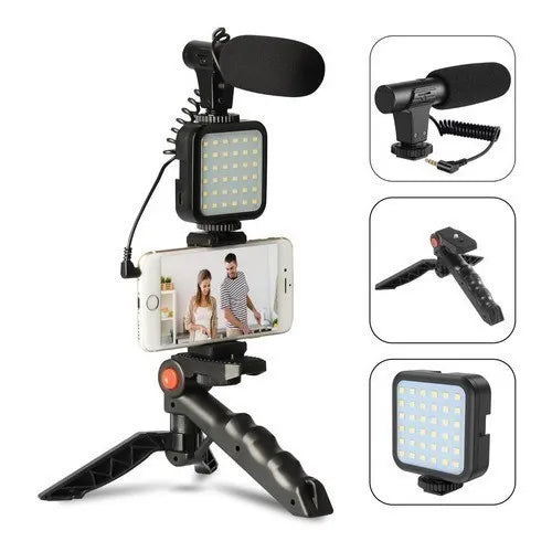 Kit Estabilizador 5 em 1 p/ Celular: Gimbal, Tripé, Microfone e Luz LED