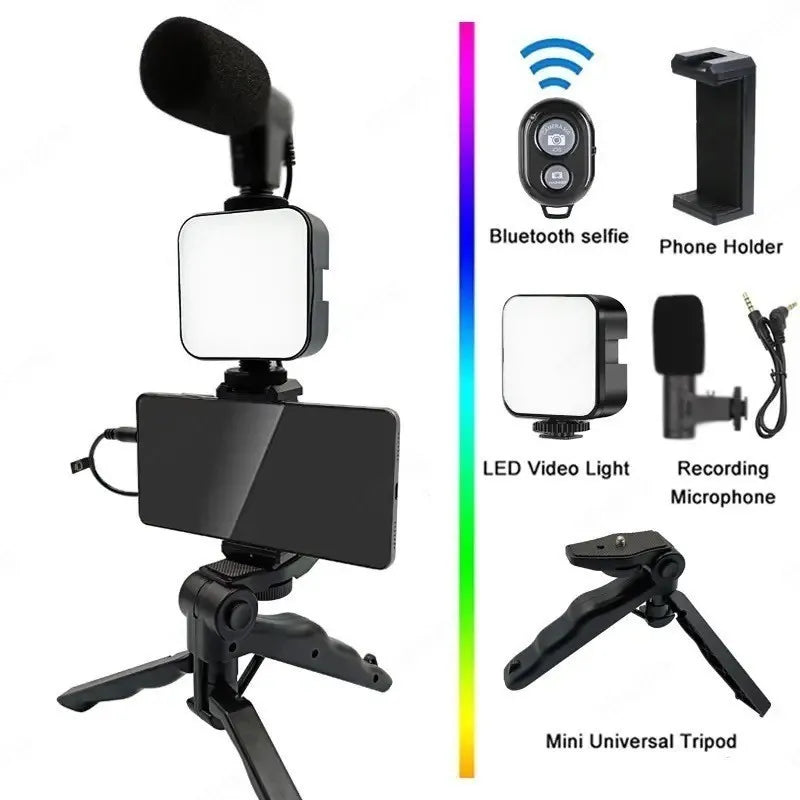 Kit Estabilizador 5 em 1 p/ Celular: Gimbal, Tripé, Microfone e Luz LED