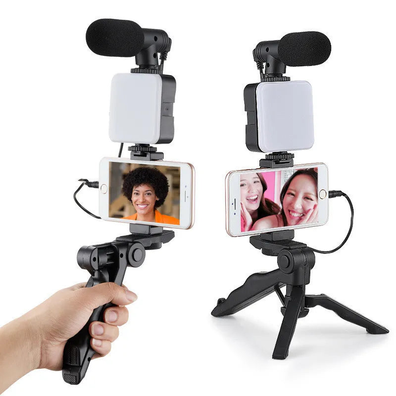 Kit Estabilizador 5 em 1 p/ Celular: Gimbal, Tripé, Microfone e Luz LED